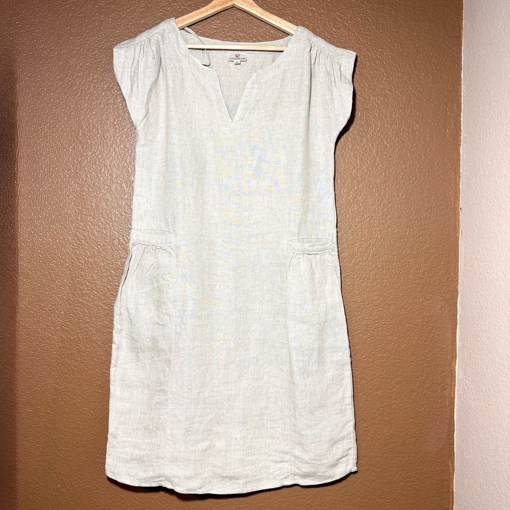 ANOKHI Linen Light Beige Sand Linen Dress Sz S Relax Fit LagenLook Earthy Artsy